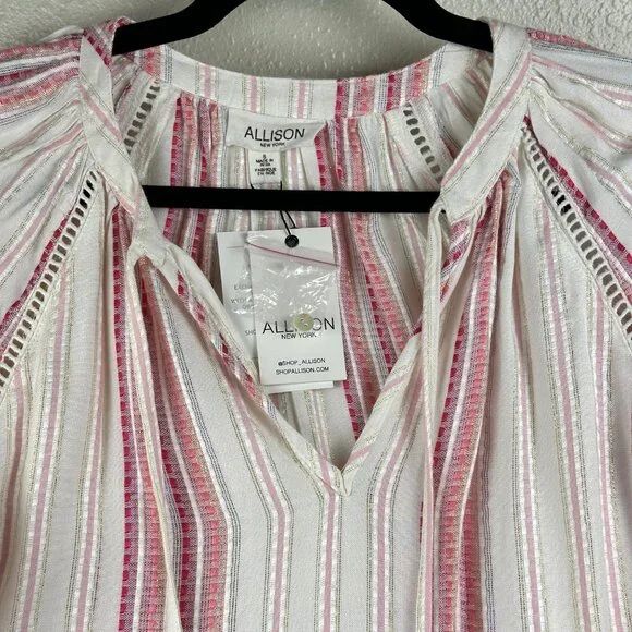 Allison New York Womens Striped Long Bell Sleeve Boho Top Tassels Crochet Artzy - Picture 4 of 16